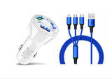 3 Port Fast LED White Car Charger + 3 in 1 Cable Combo Blue