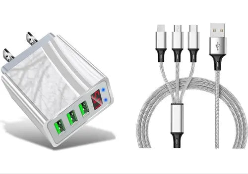 3 port LED Display High Speed Wall Charger White + 3 in 1 Cable Combo - Sacodise shop