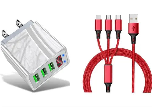 3 port LED Display High Speed Wall Charger White + 3 in 1 Cable Combo - Sacodise shop