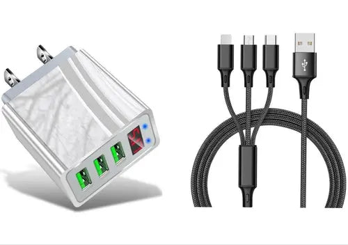 3 port LED Display High Speed Wall Charger White + 3 in 1 Cable Combo - Sacodise shop