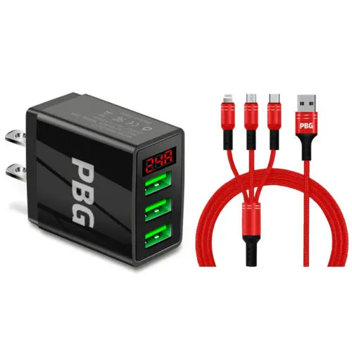 3 port LED Display Wall Charger  and 3 in 1 Cable Bundle Red - Sacodise shop