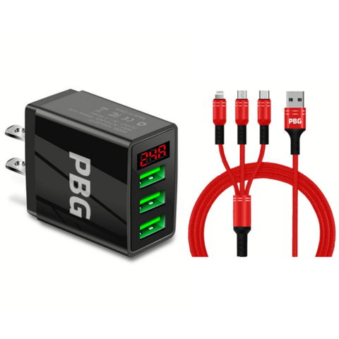 3 port LED Display Wall Charger  and 3 in 1 Cable Bundle Red