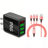 3 port LED Display Wall Charger  and 3 in 1 Cable Bundle Red