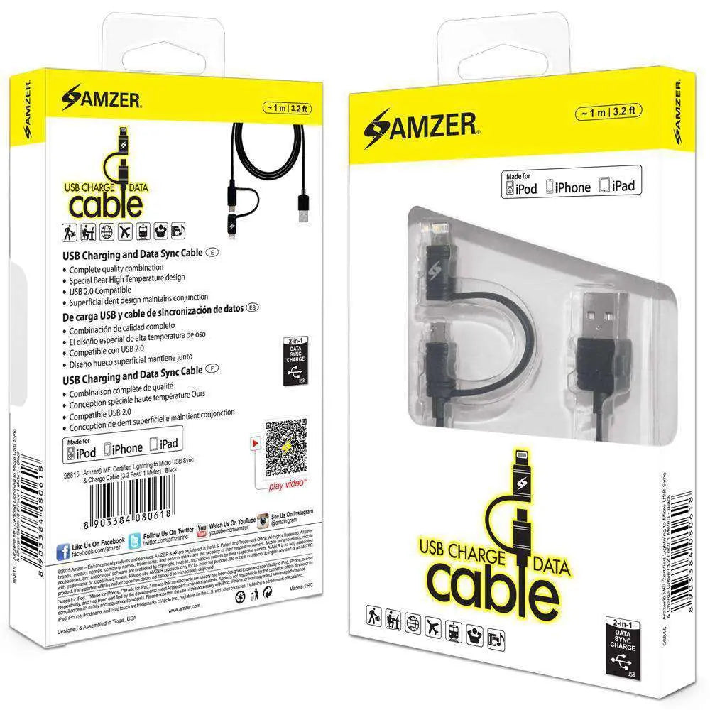 Amzer Apple MFi Certified 2-1 Sync & Charge Lightning cable with micro - Sacodise shop