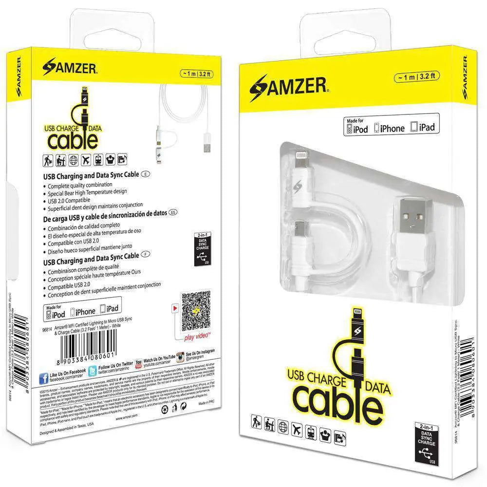 Amzer Apple MFi Certified 2-1 Sync & Charge Lightning cable with micro - Sacodise shop