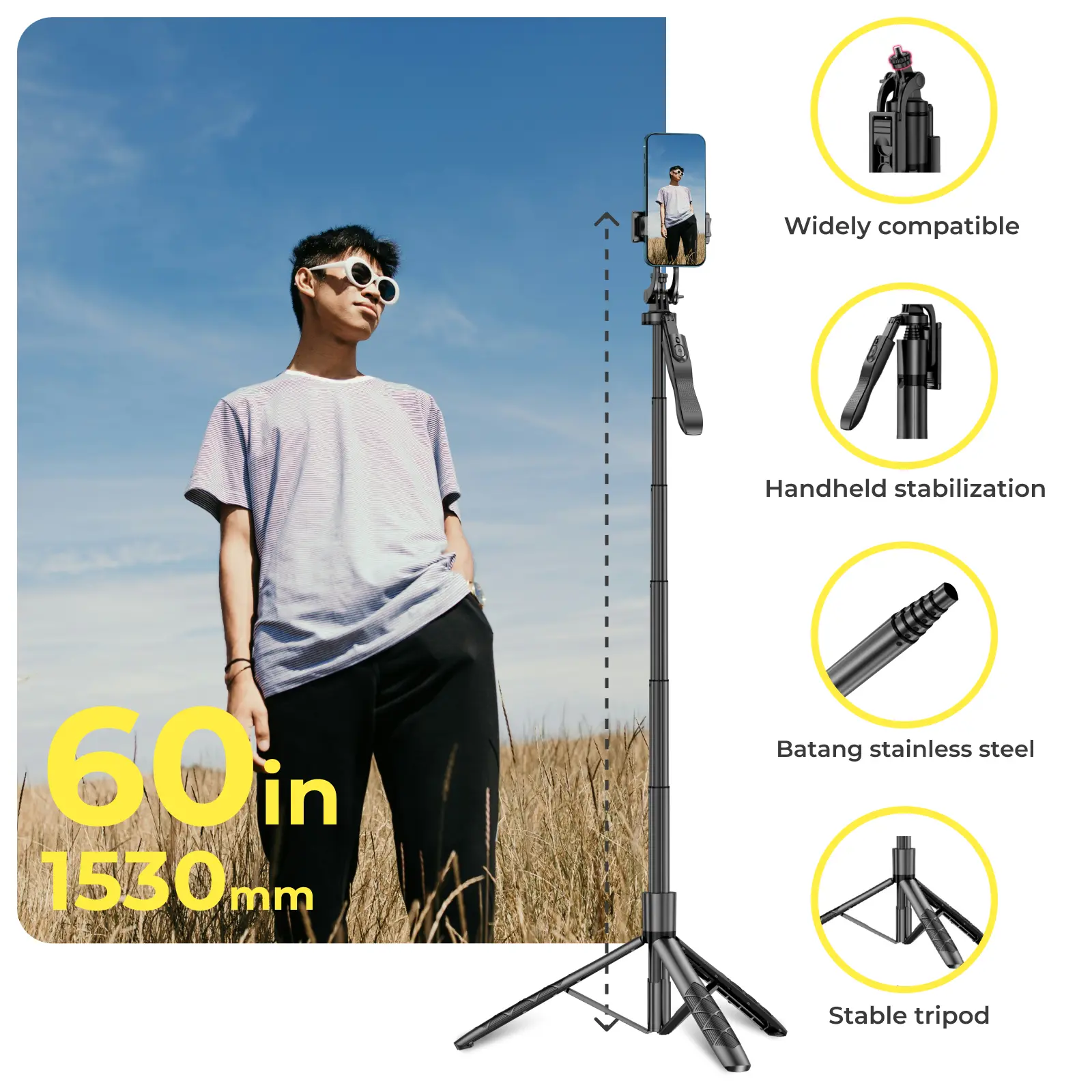 Phone tripod 62 inch selfie stick for cell phone with remote Product vendor