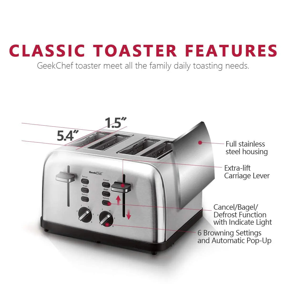 Geek Chef 4 Slice Toaster Stainless Steel Extra-Wide Slot Toaster - Sacodise shop