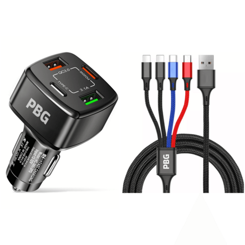 PBG 4 Port  PD/USB Car Charger and 4 in 1 Nylon Cable Bundle