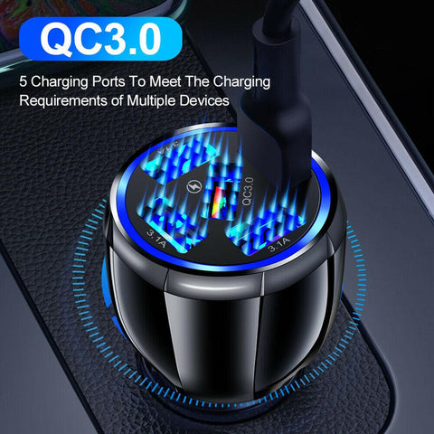 PBG 5 Port LED Car Charger and 4 in 1 Nylon 4 FT Charging Cable Bundle