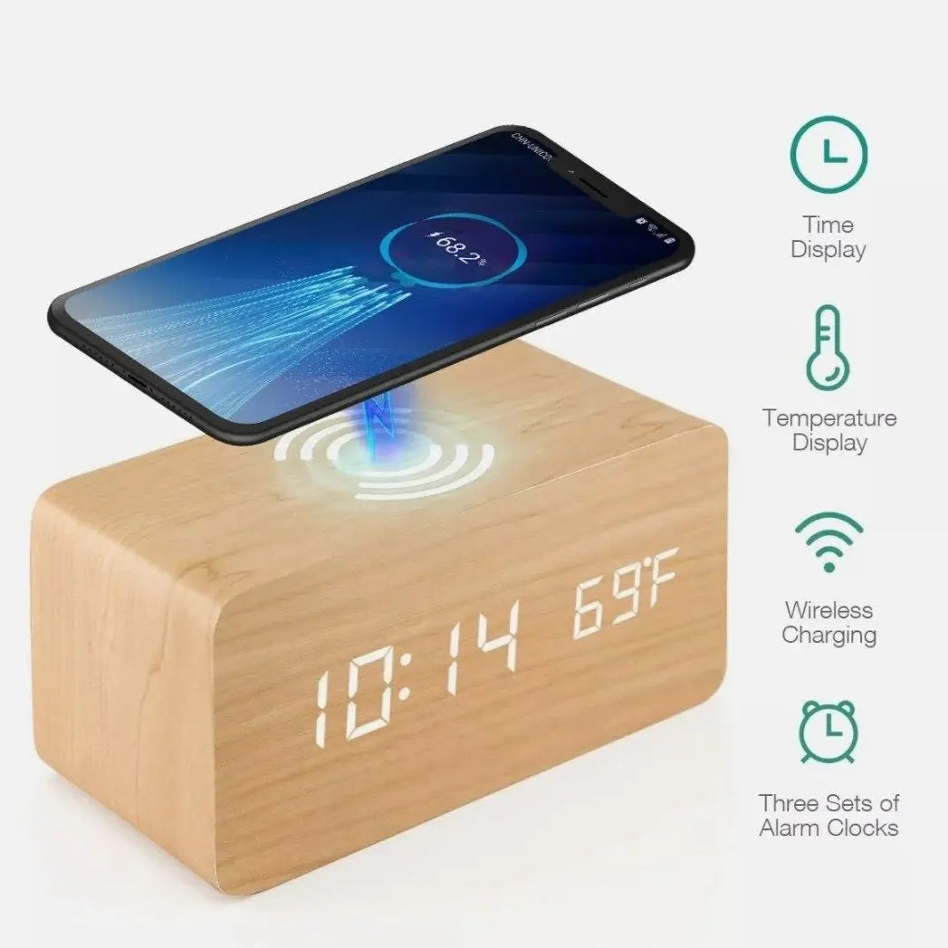 Wooden Digital Alarm Clock with Wireless Phone Charging Pad - Sacodise shop