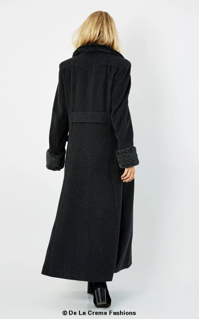 Wool Blend Faux Fur Trim Maxi Coat (2004-FUR) - Sacodise shop