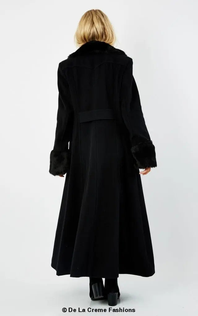 Wool Blend Faux Fur Trim Maxi Coat (2004-FUR) - Sacodise shop