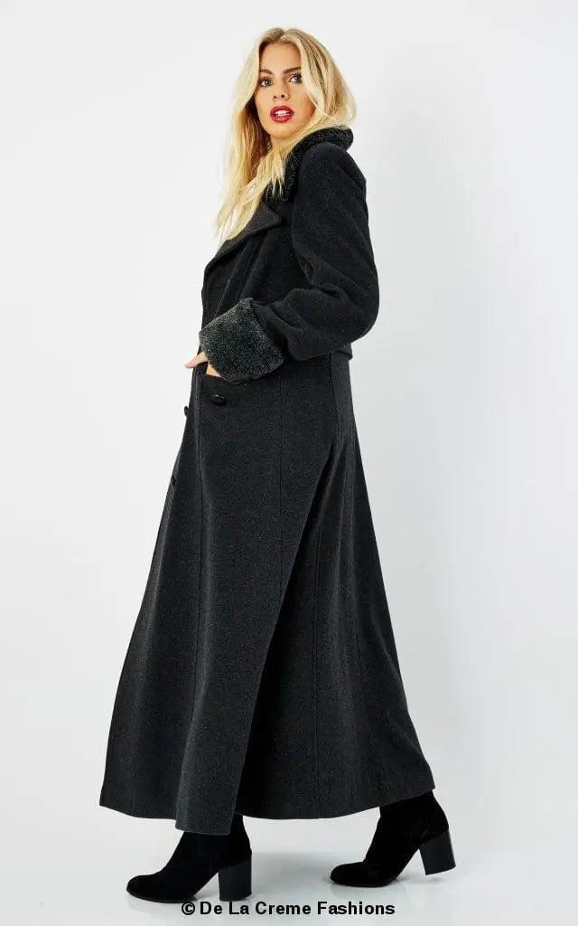 Wool Blend Faux Fur Trim Maxi Coat (2004-FUR) - Sacodise shop