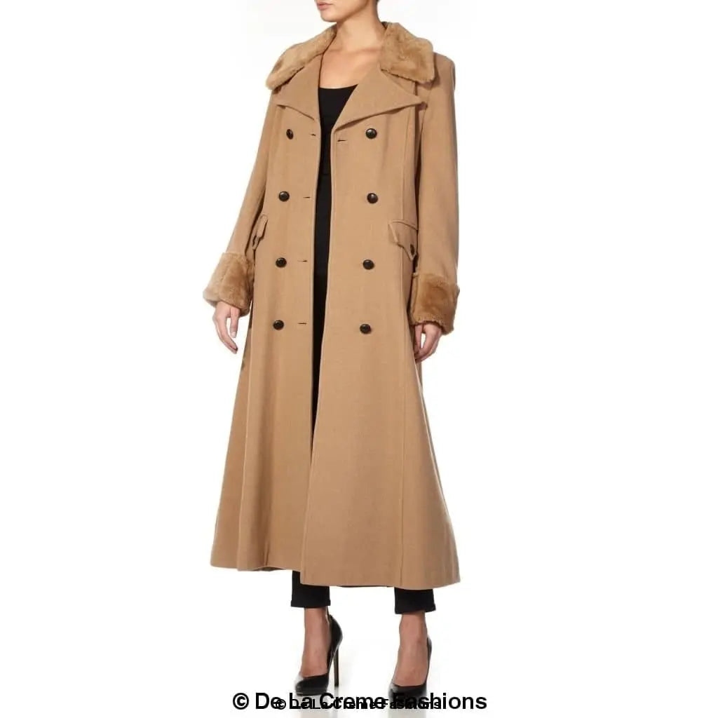 Wool Blend Faux Fur Trim Maxi Coat (2004-FUR) - Sacodise shop