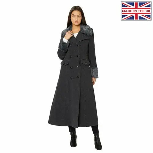 Wool Blend Faux Fur Trim Maxi Coat (2004-FUR) - Sacodise shop