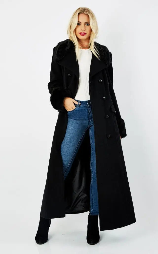 Wool Blend Faux Fur Trim Maxi Coat (2004-FUR) - Sacodise shop