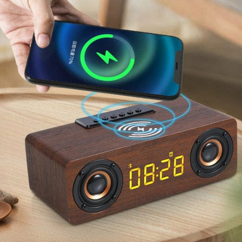 Yellow Pandora Mobile & Laptop Accessories Dark Brown Wooden Retro Theme Wireless Charger Bluetooth Speaker Alarm Clock